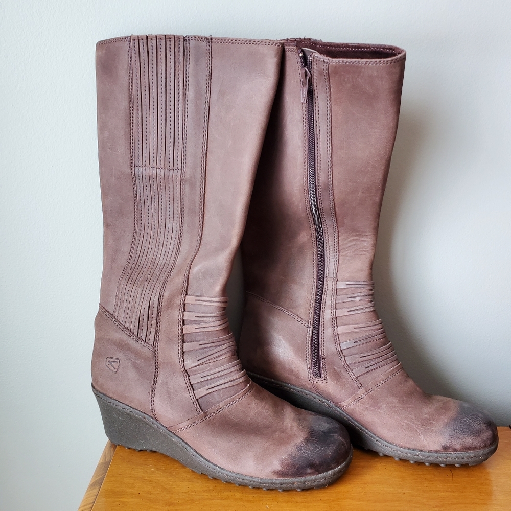 KEEN High Brown Nubuck Leather Tall Wedge Heel Boots Sz. 10 1009374